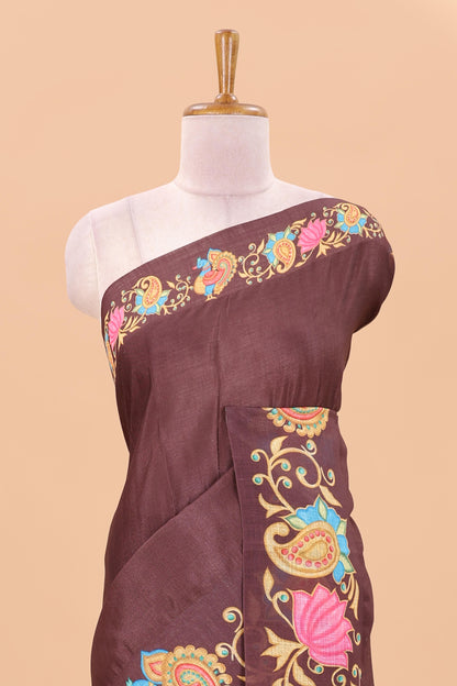 Brown tanjore painting style linen tussar saree with peacock & lotus motifs and printed pallu