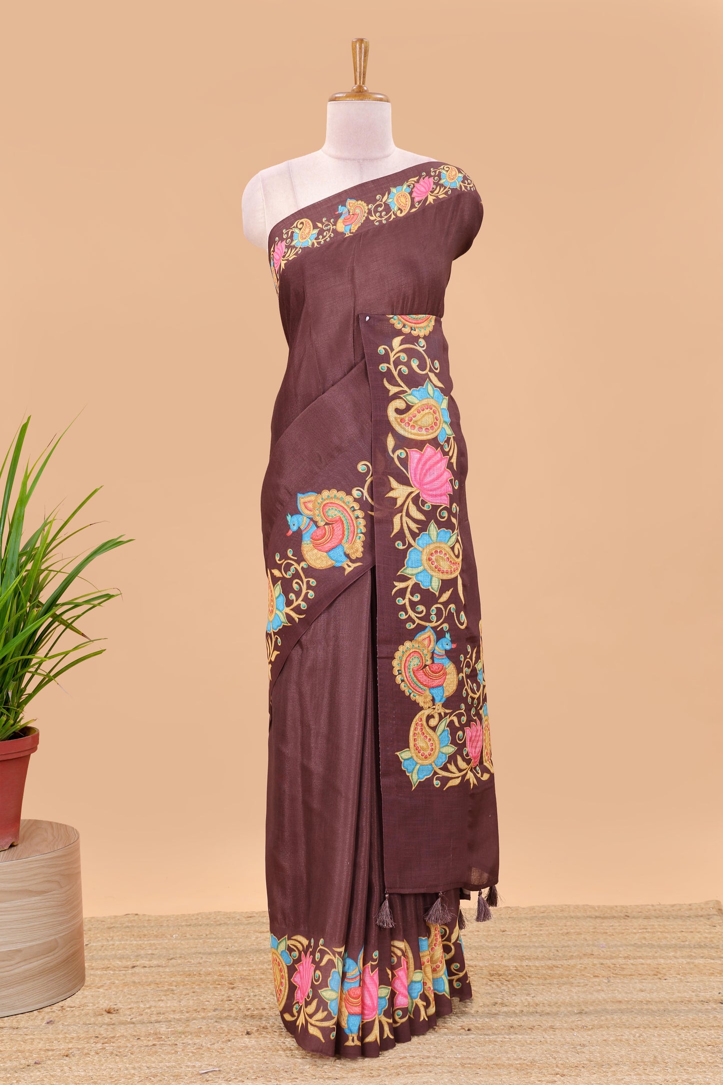 Brown tanjore painting style linen tussar saree with peacock & lotus motifs and printed pallu