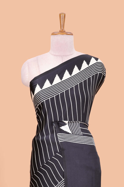 Black satin ajrakh modal printed saree with striped body and geometric print border and pallu