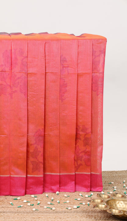 Orange floral motifs ikkat cotton saree with contrast border floral design striped pallu