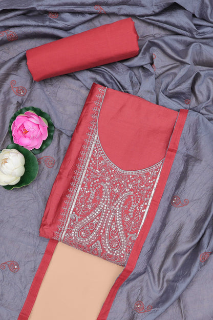 Red embroidered cotton silk chudidhar material with sequin work