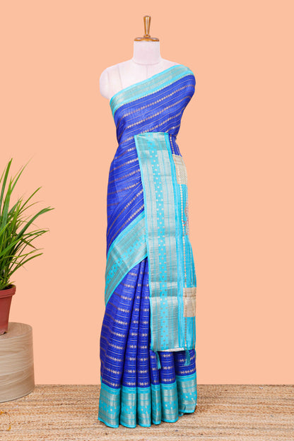 Blue striped semi raw silk saree rudraksha zari butta and contrast printed pallu and border