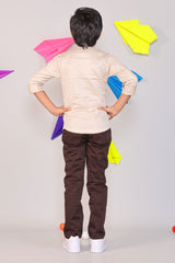 Two Piece Kids Party Wear Outfit - Beige Leaf Embroidery Shirt & Black Chino Pants