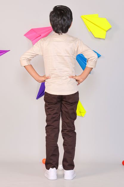 Two Piece Kids Party Wear Outfit - Beige Leaf Embroidery Shirt & Black Chino Pants