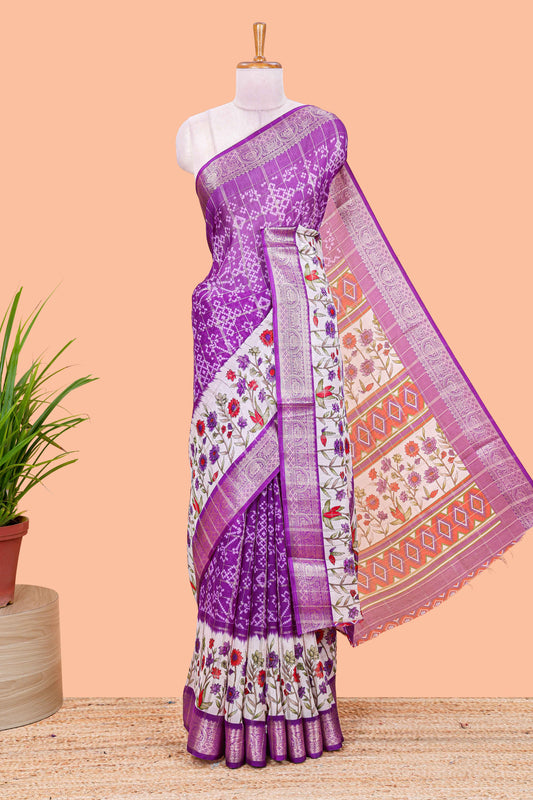 Lavender floral ikkat style marsh georgette saree with zari border and contrast blouse