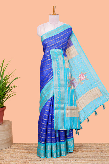 Blue striped semi raw silk saree rudraksha zari butta and contrast printed pallu and border