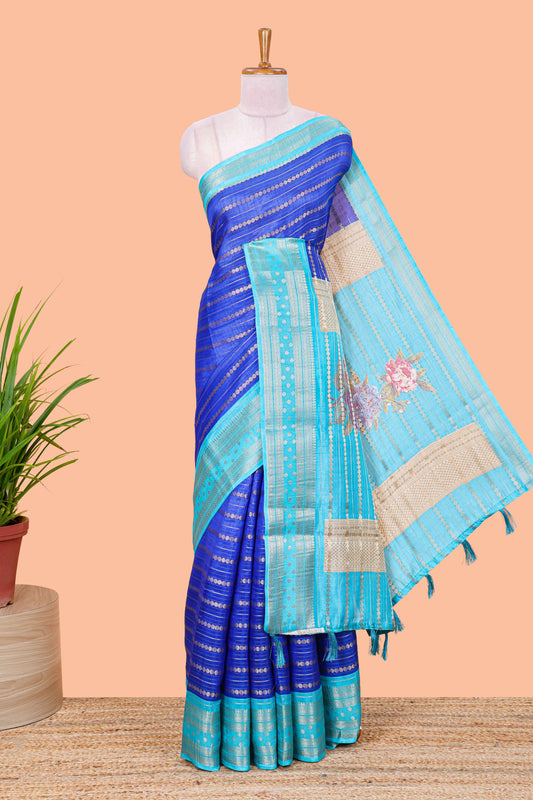 Blue striped semi raw silk saree rudraksha zari butta and contrast printed pallu and border