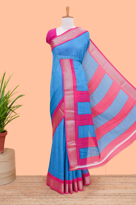 Ramar blue stripes crepe chiffon saree with contrast border and blouse