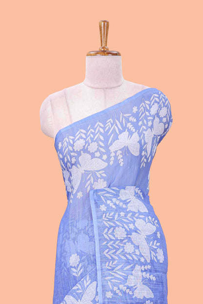 Blue linen cotton saree with floral buttas and butterfly motifs border, Printed self pallu and blouse