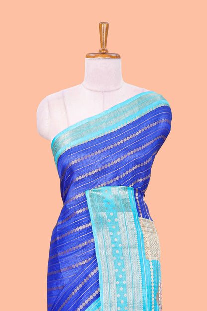 Blue striped semi raw silk saree rudraksha zari butta and contrast printed pallu and border