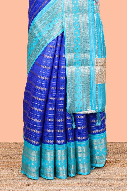 Blue striped semi raw silk saree rudraksha zari butta and contrast printed pallu and border