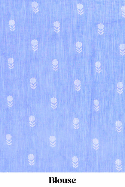 Blue linen cotton saree with floral buttas and butterfly motifs border, Printed self pallu and blouse