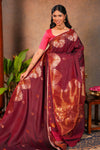 Maroon Semi soft Silk Saree Gold Zari Woven Paisley Motifs with Woven Zari Border and Contrast Blouse