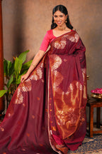 Maroon Semi soft Silk Saree Gold Zari Woven Paisley Motifs with Woven Zari Border and Contrast Blouse