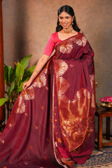 Maroon Semi soft Silk Saree Gold Zari Woven Paisley Motifs with Woven Zari Border and Contrast Blouse