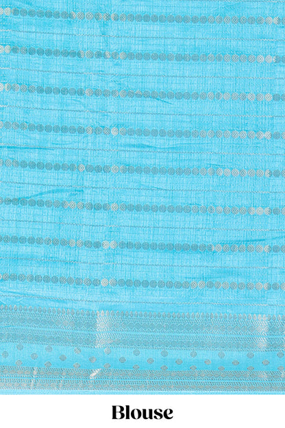 Blue striped semi raw silk saree rudraksha zari butta and contrast printed pallu and border