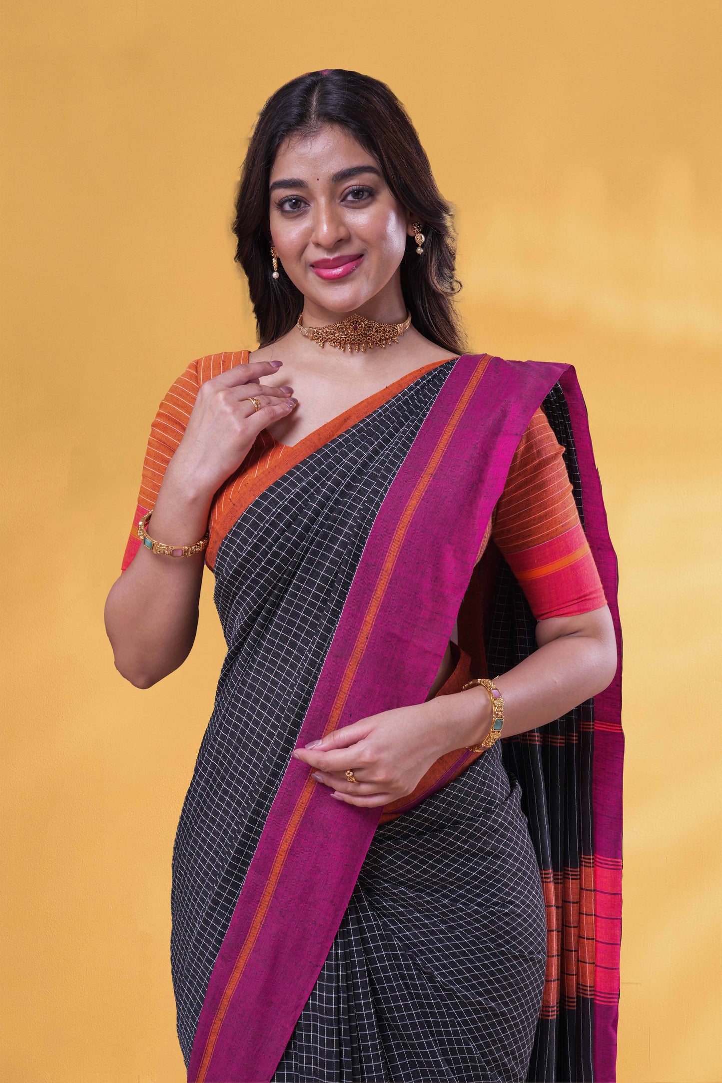 Black Khadi Cotton Saree Check Across The Body With Contrast Pallu