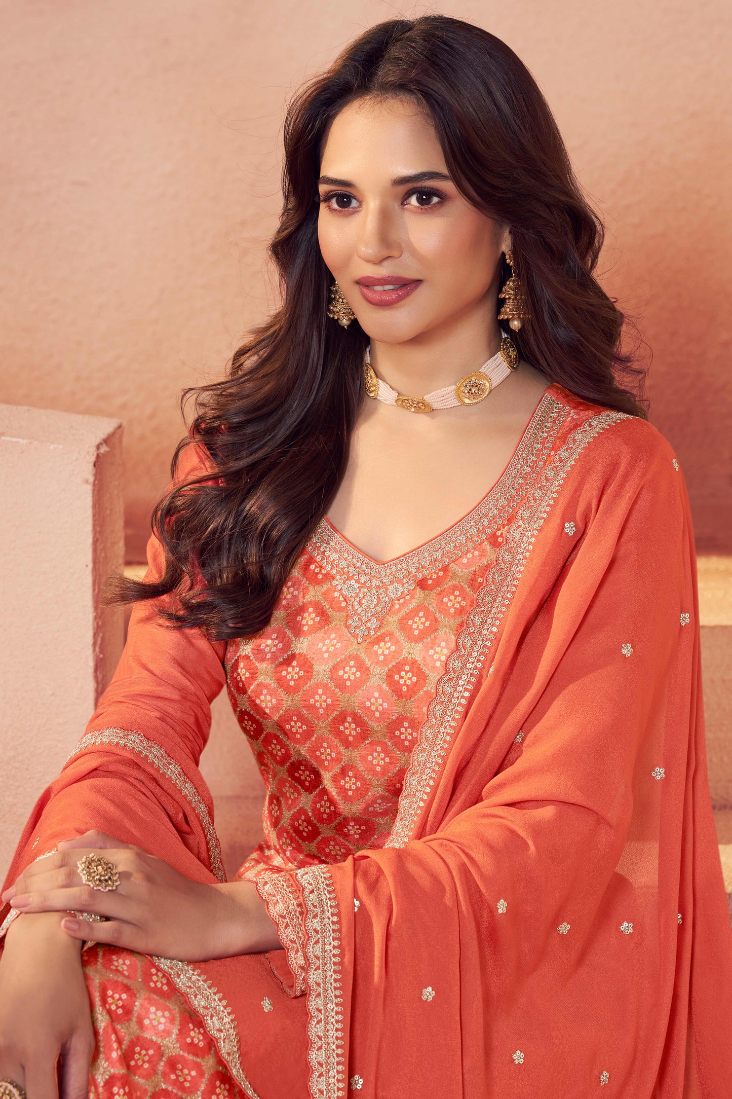 Orange jacquard moga silk embroidered chudidhar material with dupatta