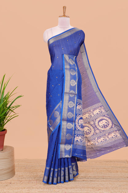 Blue viscose dola silk saree with all-over zari butta, elephant motif pallu & contrast blouse