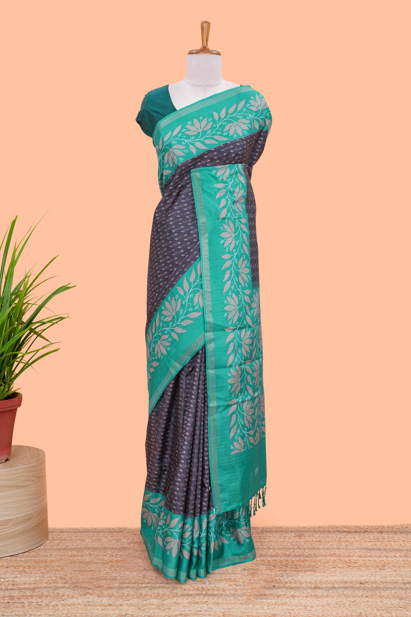 Black geomentric design motifs art tussar saree with contrast border and blouse