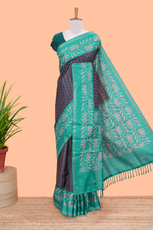 Black geomentric design motifs art tussar saree with contrast border and blouse