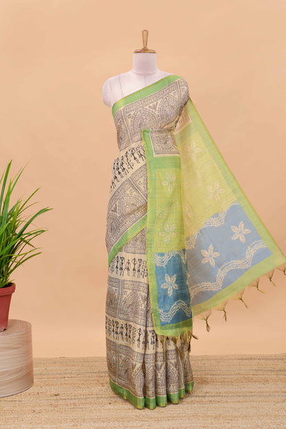 Sandal semi tussar digital batik print saree with contrast blouse and pallu