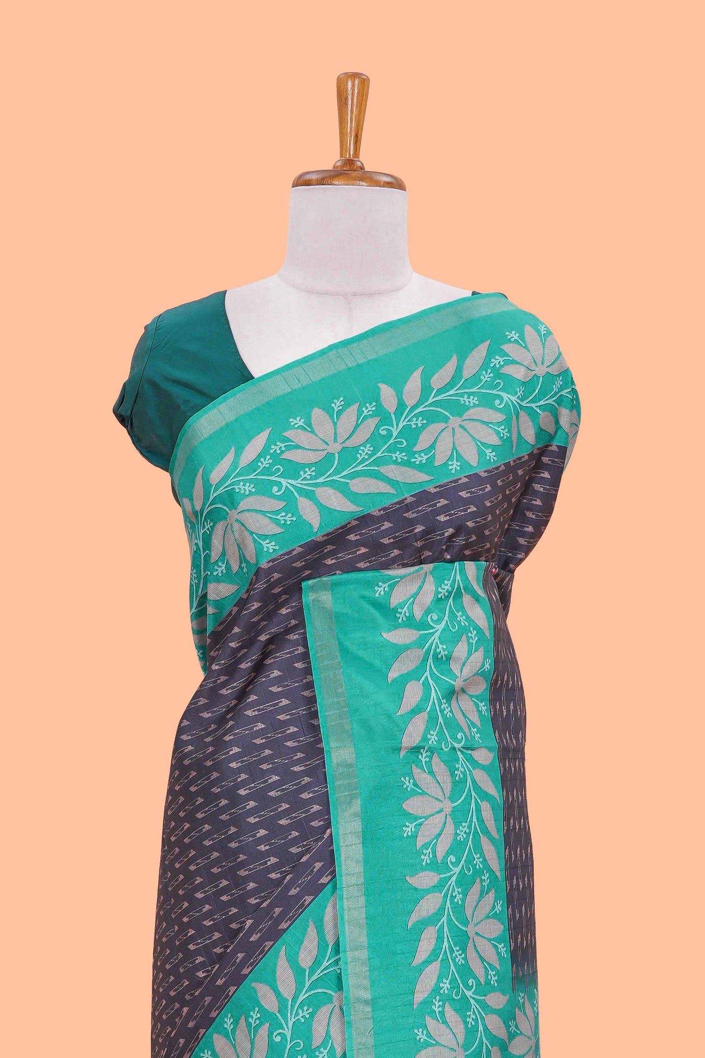 Black geomentric design motifs art tussar saree with contrast border and blouse