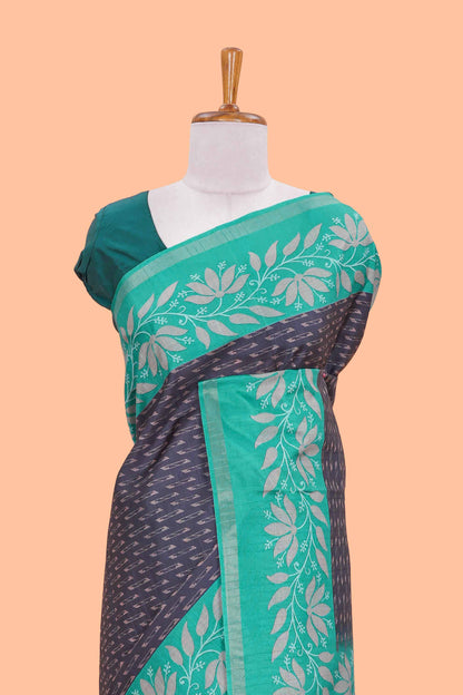 Black geomentric design motifs art tussar saree with contrast border and blouse