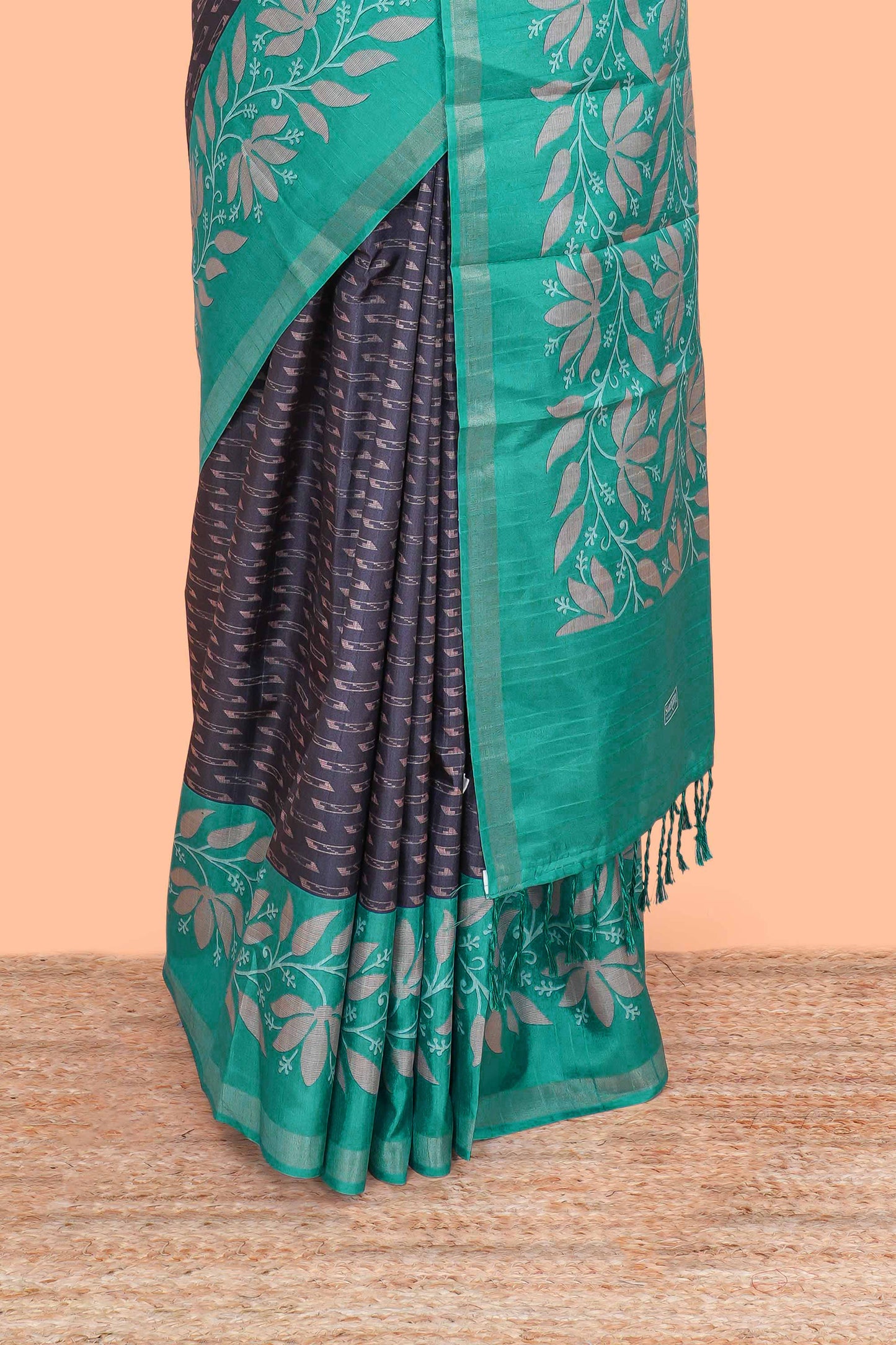 Black geomentric design motifs art tussar saree with contrast border and blouse