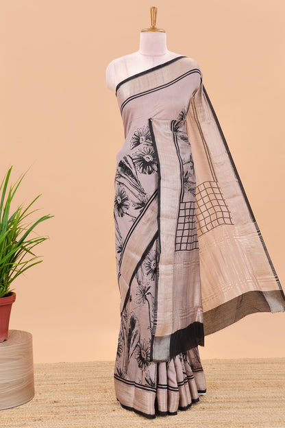 Peach floral print chanderi cotton saree with zari pallu