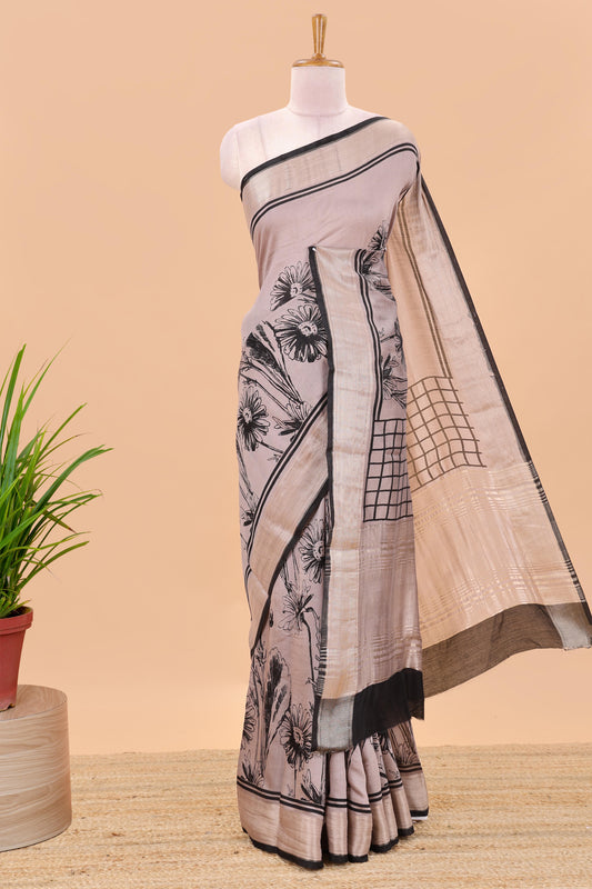 Peach floral print chanderi cotton saree with zari pallu