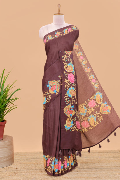 Brown tanjore painting style linen tussar saree with peacock & lotus motifs and printed pallu