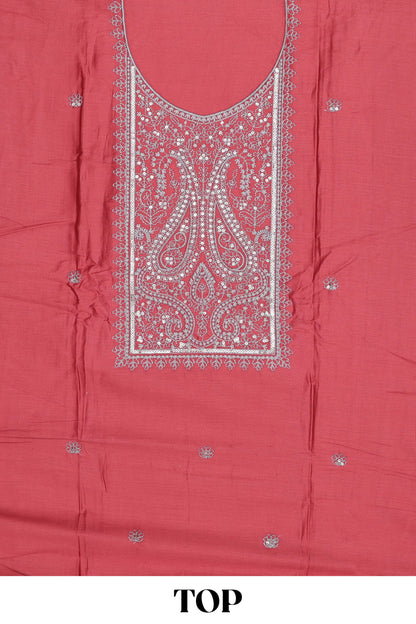 Red embroidered cotton silk chudidhar material with sequin work