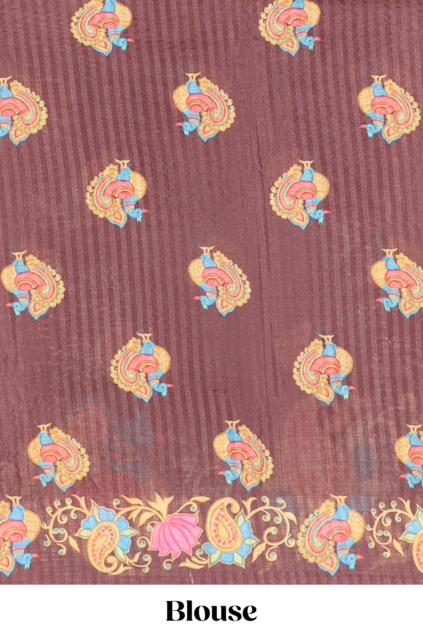 Brown tanjore painting style linen tussar saree with peacock & lotus motifs and printed pallu