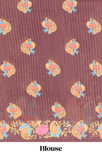 Brown tanjore painting style linen tussar saree with peacock & lotus motifs and printed pallu