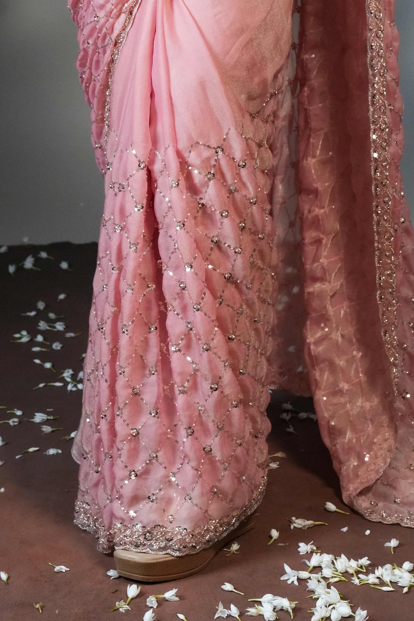 Peach geometric pattern stone work all over body designer saree with scallop design border matching blouse