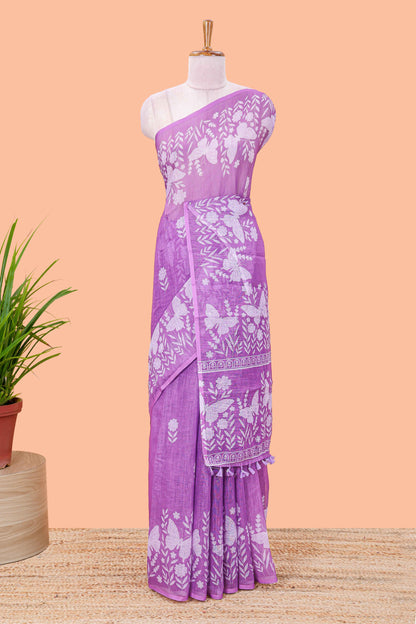 Purple linen cotton saree with floral buttas and butterfly motifs border, Printed self pallu and blouse