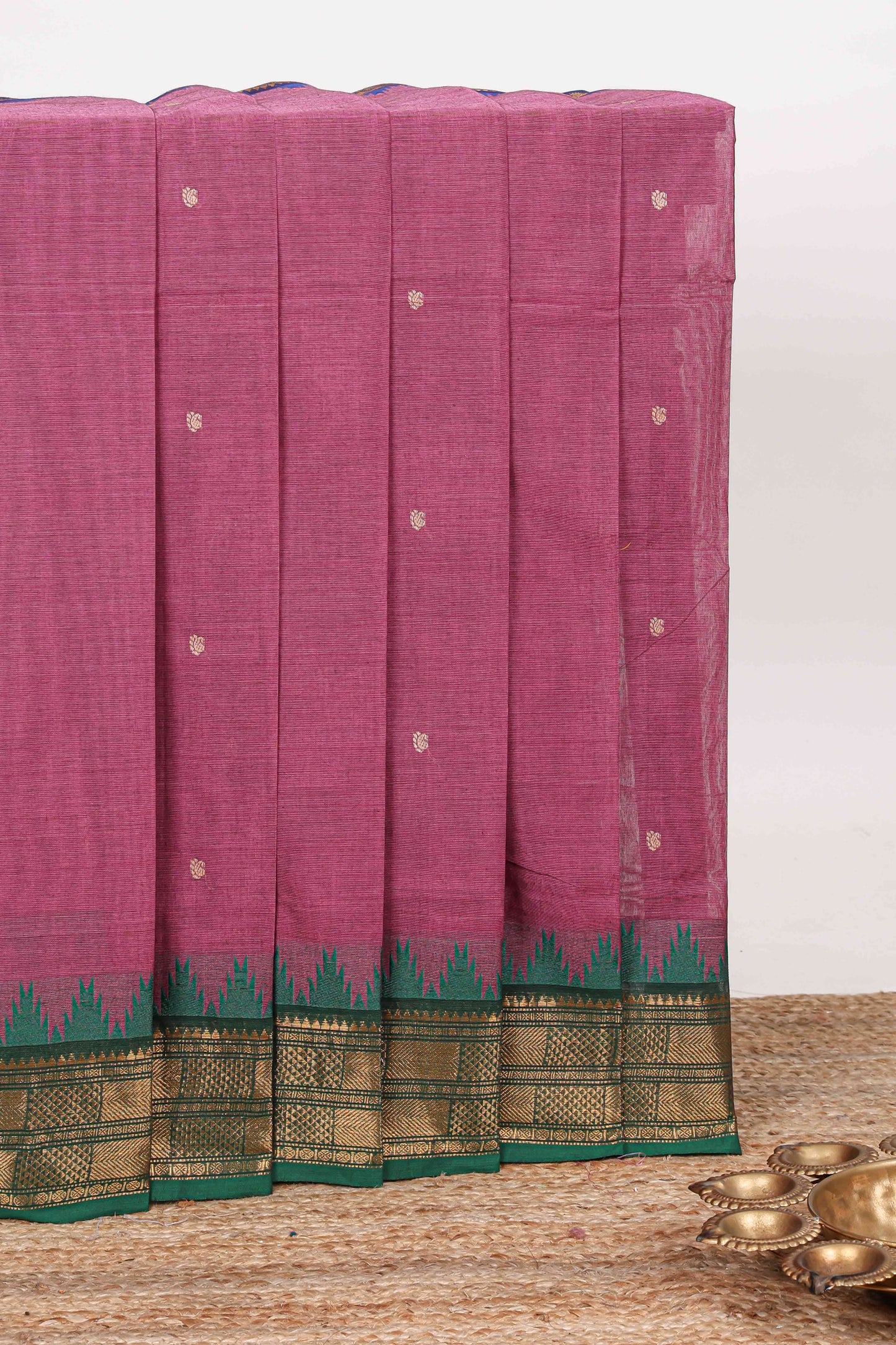 Pink thread butta chettinad cotton saree with contrast zari border and matching striped pallu