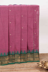 Pink thread butta chettinad cotton saree with contrast zari border and matching striped pallu