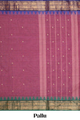Pink thread butta chettinad cotton saree with contrast zari border and matching striped pallu
