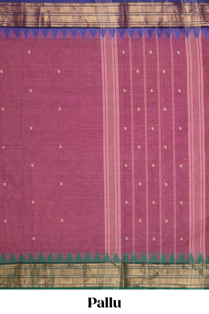Pink thread butta chettinad cotton saree with contrast zari border and matching striped pallu