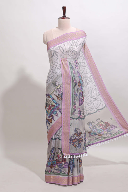 Grey kalamkari style linen cotton saree with contrast border and printed blouse