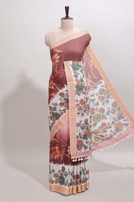 Peach floral design linen cotton saree with contrast floral border and printed pallu