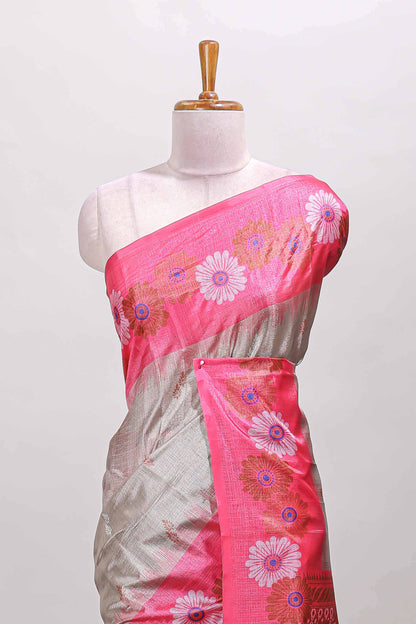 Brown floral design motifs tussar sarees with contrast floral print border and printed pallu