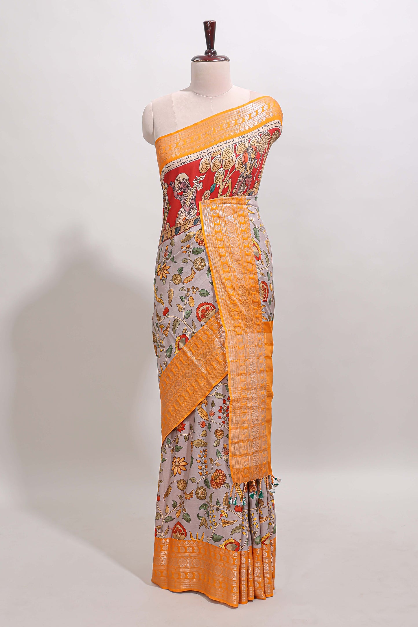 Grey kalamkari style chirala cotton saree with contrast zari border, striped pallu and printed blouse