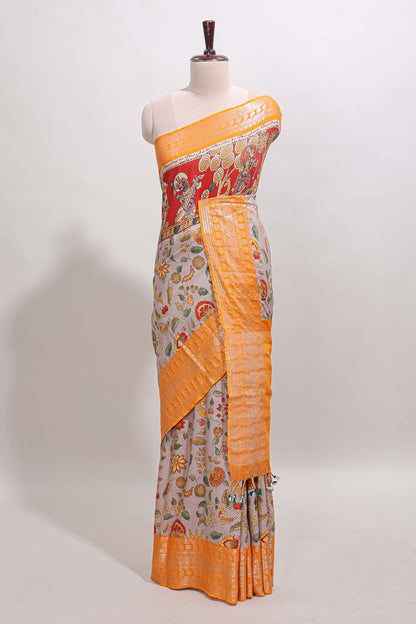 Grey kalamkari style chirala cotton saree with contrast zari border, striped pallu and printed blouse