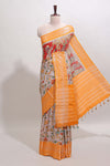 Grey kalamkari style chirala cotton saree with contrast zari border, striped pallu and printed blouse