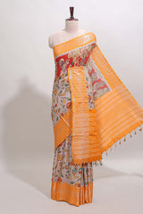 Grey kalamkari style chirala cotton saree with contrast zari border, striped pallu and printed blouse