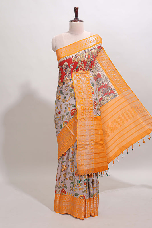 Grey kalamkari style chirala cotton saree with contrast zari border, striped pallu and printed blouse