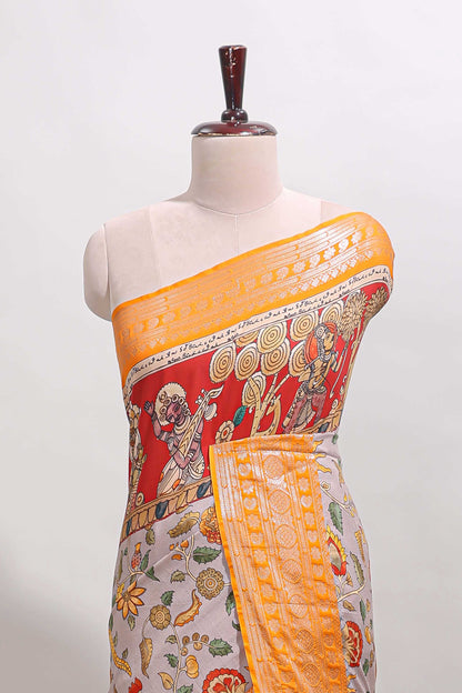 Grey kalamkari style chirala cotton saree with contrast zari border, striped pallu and printed blouse